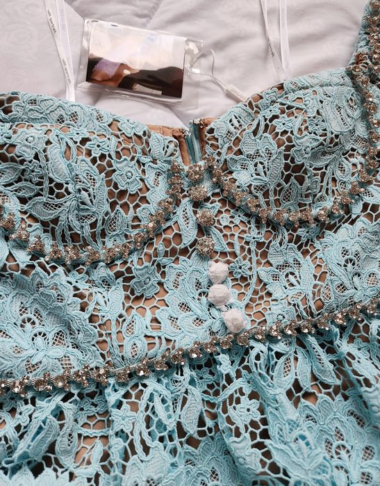 Рокля Self-portrait S/XS/UK8 синя дантела официална midi корсет криста