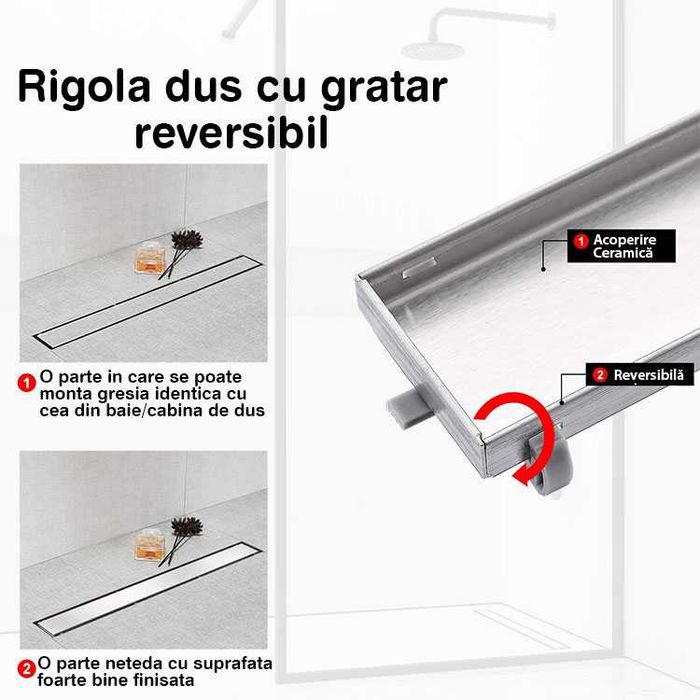 Rigola Dus 2in1 faiantabila inox, 40/ 50/ 60/ 70/ 80/ 90/ 100 si 120cm