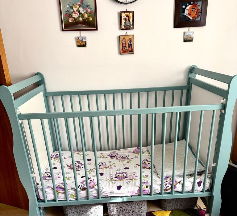 Pat bebe/copil lemn 120X60 bebe-5 ani saltea culisant turcoaz + cadou