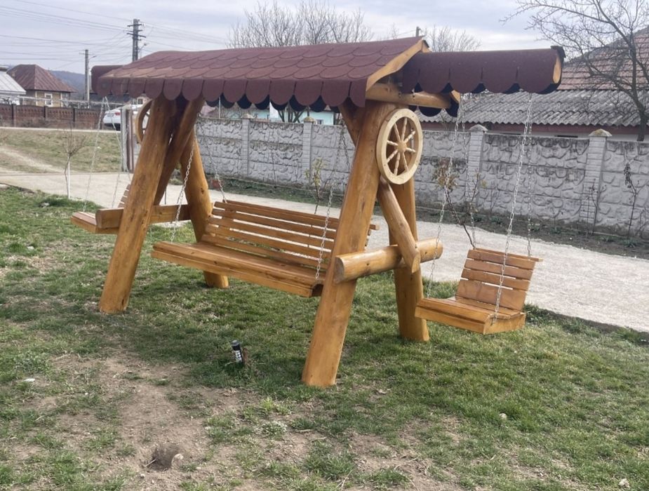 Balansoar  lemn masiv cu 2 leagăne,  set masa cu băncuțe  rustice