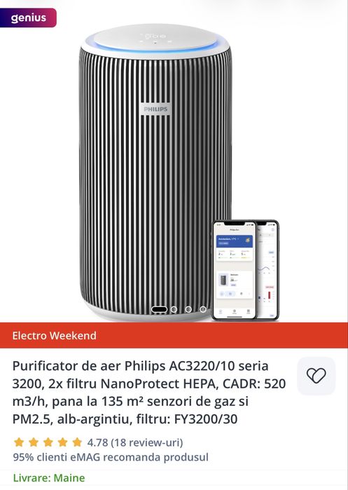 Purificator de aer Philips AC3220/10 Seria 3200 – stare foarte bună