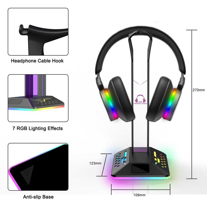 Suport casti gaming, Iluminare RGB, Design Premium, Negru