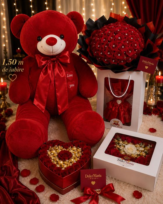 Pachet Cadou Premium Urs Gigant 150 cm + Buchet 101 Trandafiri de Săpun
