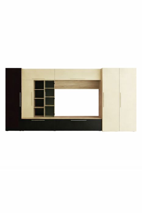 Biblioteca living Neo, stejar bardolino + negru lucios + crem lucios