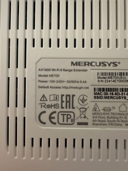 Wireless Range Extender MERCUSYS ME70X AX1800, Wi-Fi 6, Dual-Band 574+1201 Mbps, alb