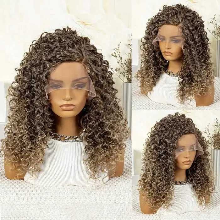 Тъмно руса омбре къдрава перука с руси краища лейс фронт 13*4*1