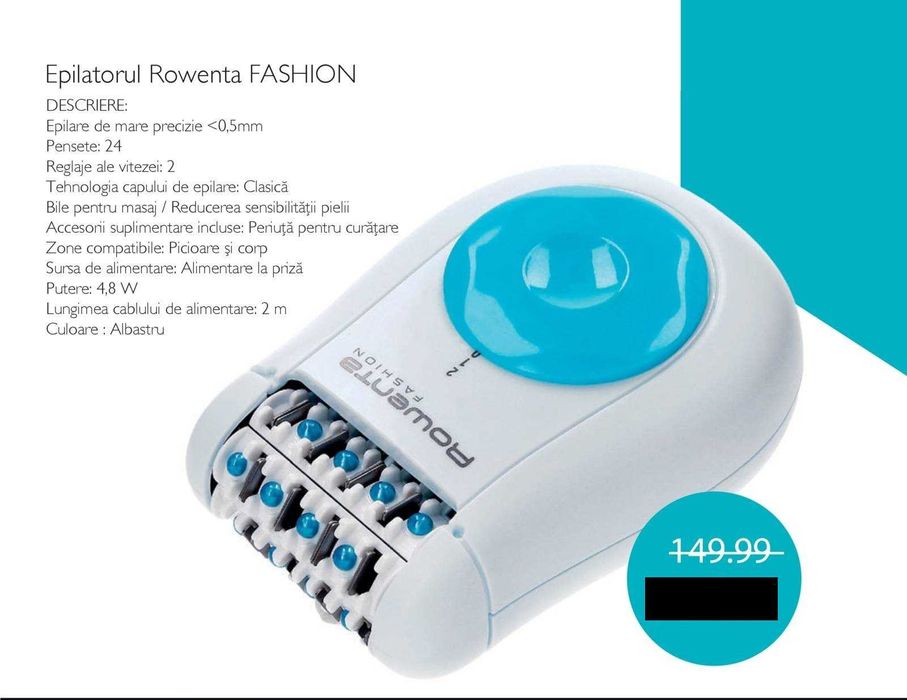 Epilator Rowenta Fashion EP1025, 24 pensete, 2 viteze, Alb/Bleu