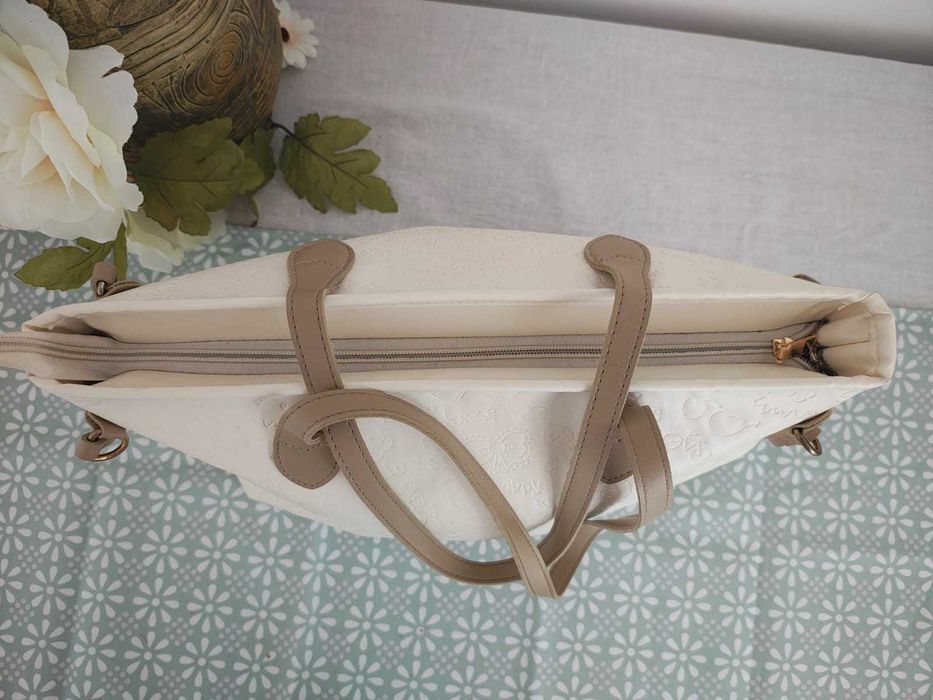 Geanta albă-perlă cu imprimeuri in relief de soare, love pentru fete L35cm, h25cm