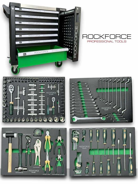 НЕМСКИ Монофазен Ножичен Подемник RockForce 3 Тона H30M + ЛЕД ФЕНЕР + Шкаф за Инструменти 172 части