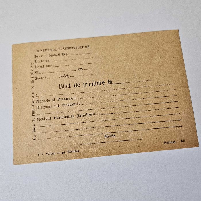 Bilet de trimitere medical vechi 1970 Ministerul Transporturilor - Colecție