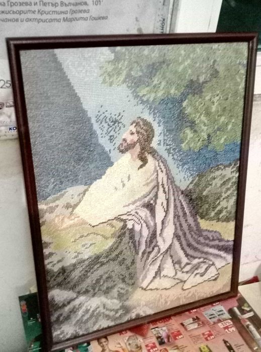 Стар РЪЧНО УШИТ ГОБЛЕН 49/37см Иисус в Гетсиманската градина