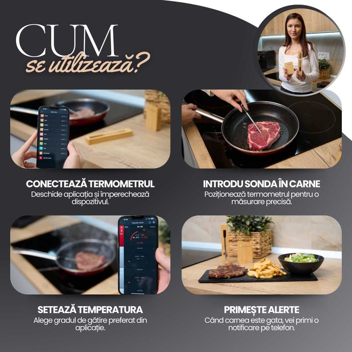 Set Termometru de Bucatarie Inteligent pentru Carne cu Aplicatie