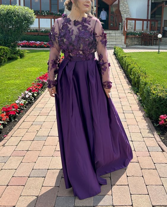 Rochie lungă, pentru majorat/banchet/nașă, mov, dantelă