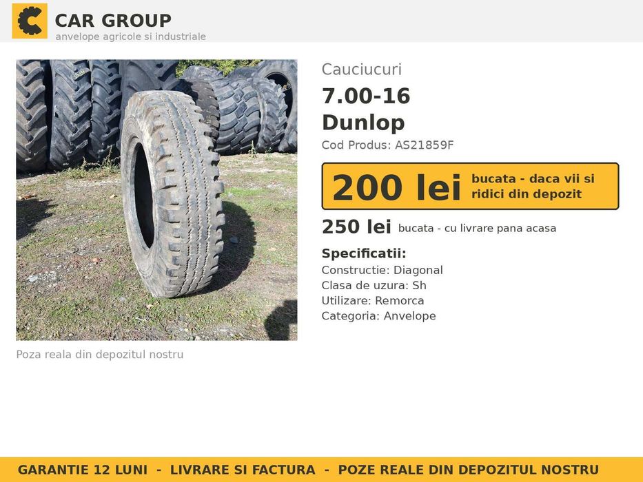 Anvelope Cauciucuri 7.00-16 7.00 16 7.00R16 7.00x16 70016 Dunlop Remorca Implement Flotatie SH Second Hand IEFTIN Garantie 1 An Factura Livrare Rapida