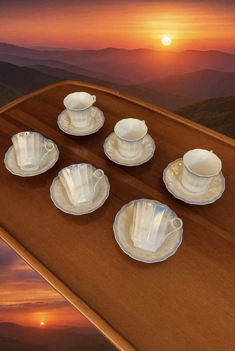 Винтидж порцеланов сервиз за кафе – 6 чаши с чинийки, седефна глазура