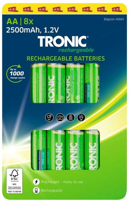 Set 8 acumulatori reincarcabili NiMH AA de 2500 mA, R6, Tronic®, noi