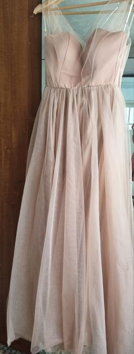 Rochie elegantă Mihaela Mitran S/36 bej, corset + tulle,ocazie/nuntă, stare impecabila