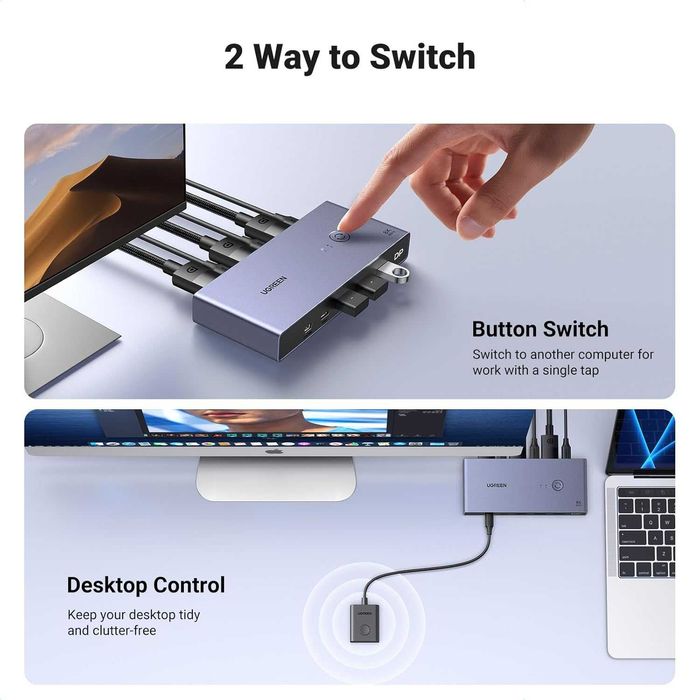 Switch Comutator KVM UGREEN 8K Displayport 1.4,2IN 1OUT,4 port USB 3.0