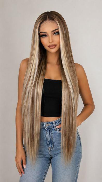 100см права лейс фронт перука пепеляво руса на кичури - lace front wig 100cm