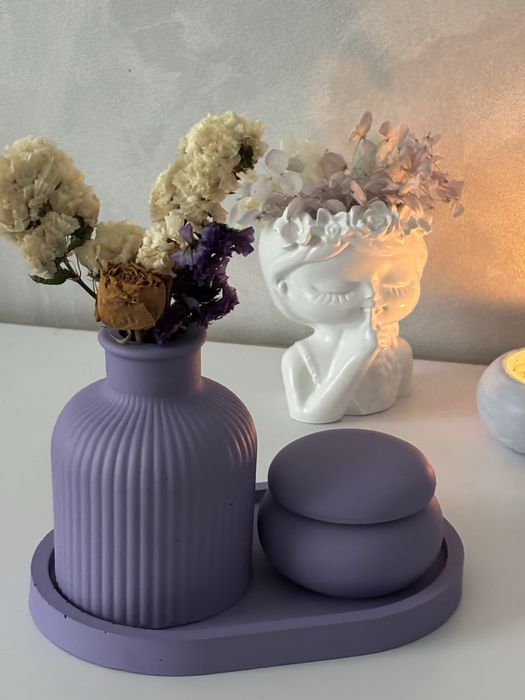 Лавандовый подарочный набор | свеча, поднос, ваза с сухоцветами