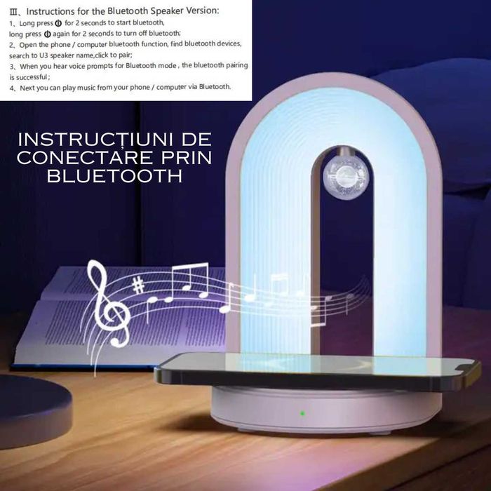 Incarcator WIRELESS, Lampa LED, Conexiune prin BLUETOOTH, alb/roz