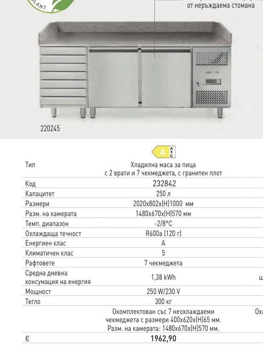 Хладилна маса за пици с гранит 2 м НАЛИЧНА