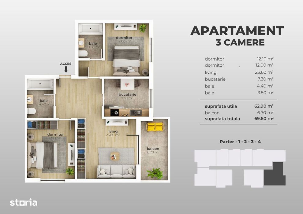 Apartament 3 Camere | 69,60 mp | Metrou Apărătorii Patriei | Sector 4