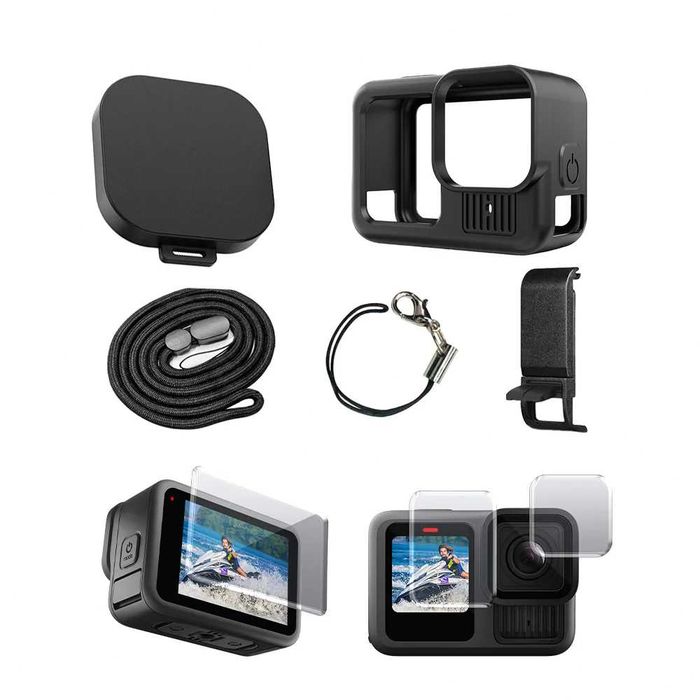Husa silicon + capac obiectiv + folii sticla display + usita GoPro 13