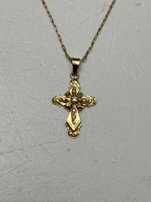 LANT scurt + PANDANTIV AUR 14K - Cruce mica - Grecia - Vintage - 3.5g.