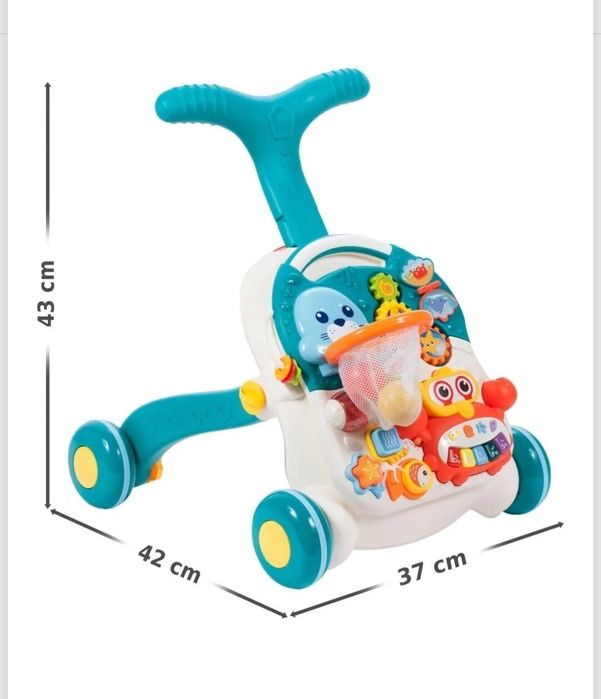 Детски уокър и масичка, 2в1 проходилка, интерактивна играчка - син