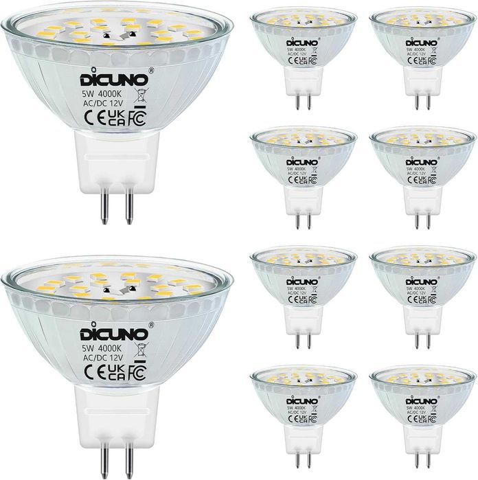 LED крушки DiCUNO MR16 50W халогенен еквивалент 12V AC/DC недимируеми, GU5.3 двупинов цокъл 4000K естествено бяло 120° ъгъл на лъча 500LM, 10 броя