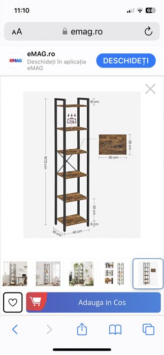 raft stil industrial cu 5 rafturi din lemn și oțel, 40x30x154cm