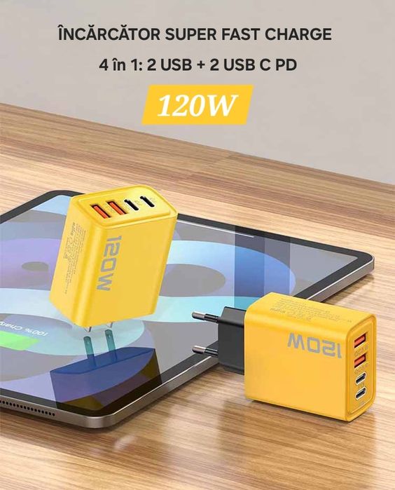 Încărcător 120W 4in1: 2Usb+2UsbC PD. Universal, multi dispozitiv. QC 3