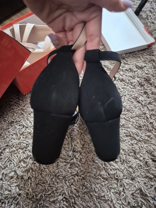 Sandale negre/crem toc gros