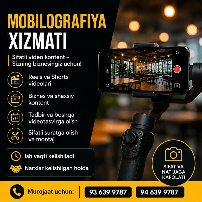 Mobilografiya xizmati

Mobilografiya xizmatlarini taklif qilaman.

• R