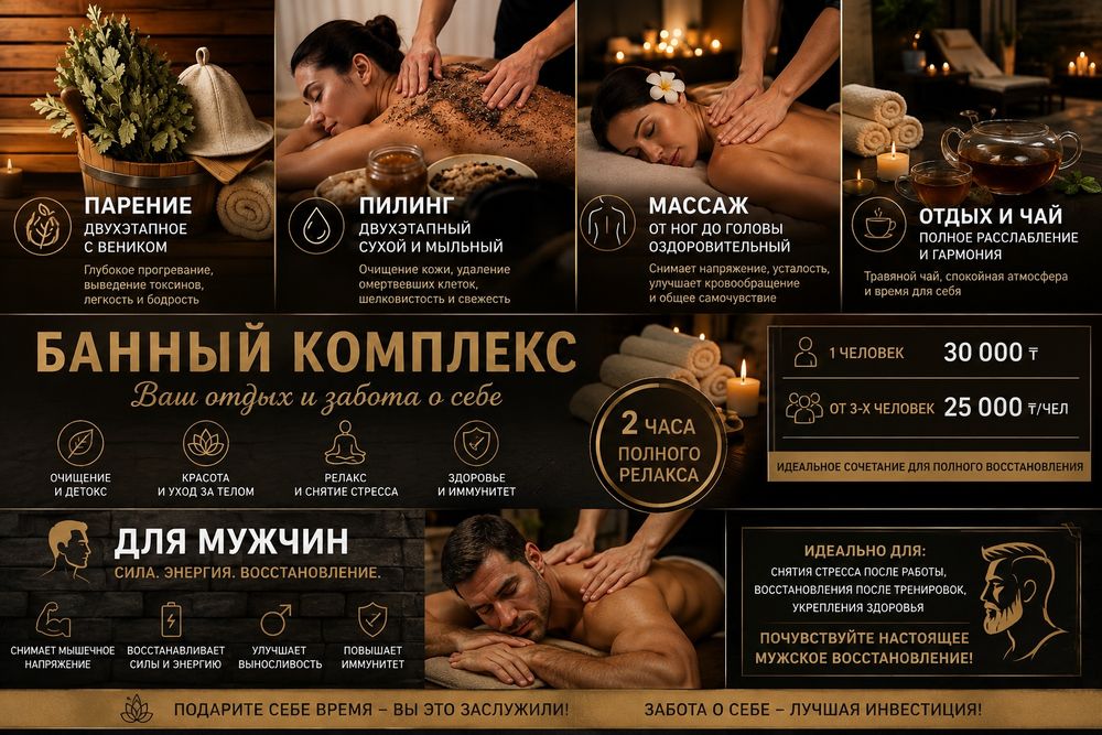 БАННЫЙ КОМПЛЕКС ПАРЕНИЕ ПИЛИНГ 

Подарите себе 2 часа полн