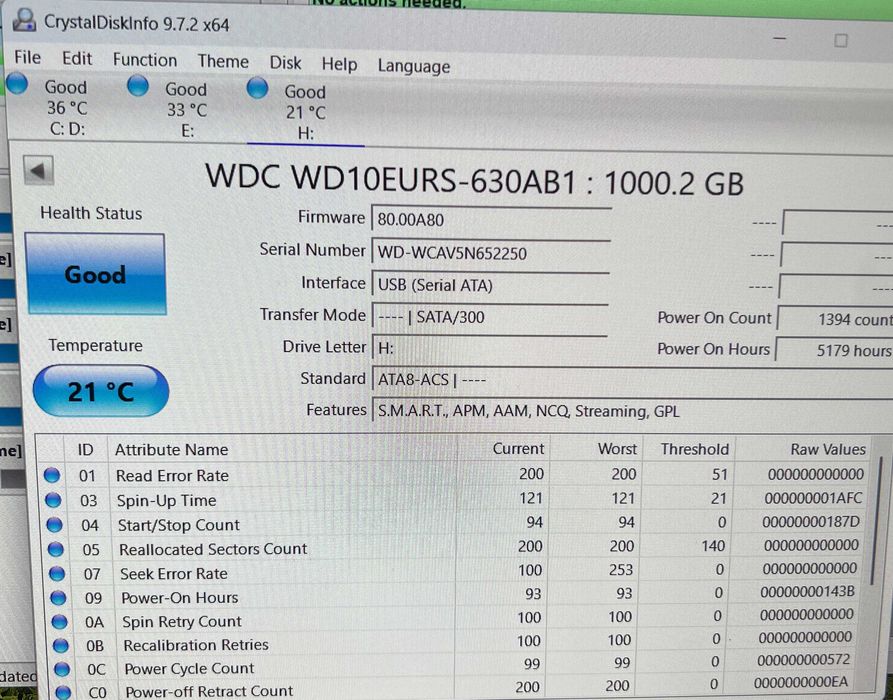 Hard disk 1TB WD10EURS Western Digital Green SATA testat 100%
