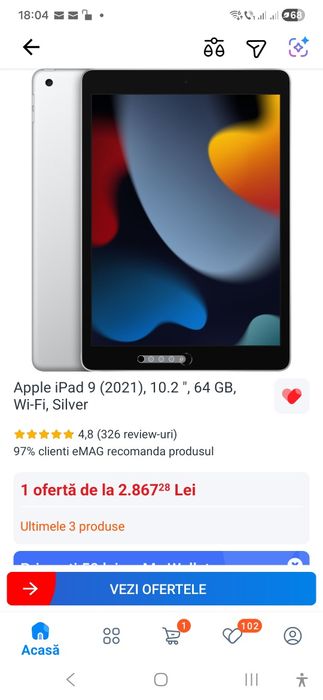 Apple iPad 9 (2021), 64 GB, Wi-Fi, Silver , sigilata
