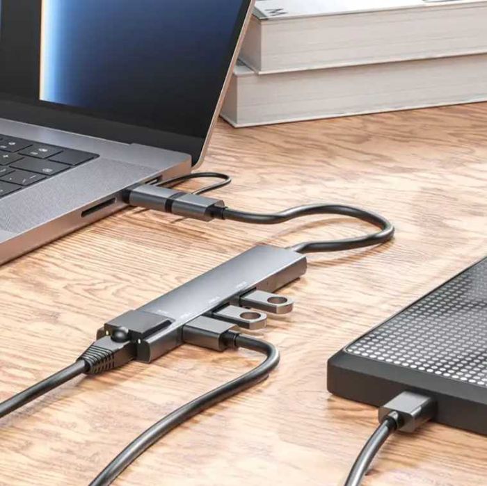 usb хаб Boyuan CK-00323A алюминиевый с RJ45 1000mb usb 3.0 5 in 1