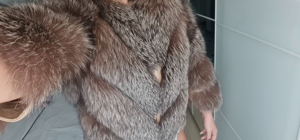 Haina de blană naturală de vulpe argintie 2in1