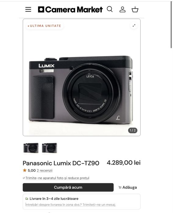 Camera foto avansata 4K Panasonic Lumic TZ90 Leica 24-720 mm