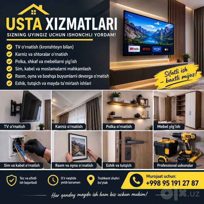 Usta xizmatlari — TV o‘rnatish, karniz, polka, montaj ishlari