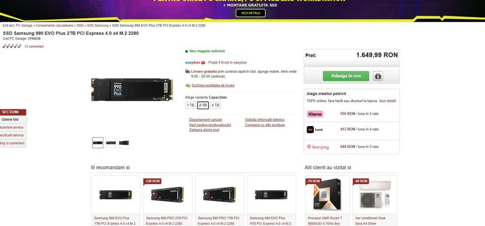 SSD Samsung 990 EVO Plus de 2TB PCI Express 4.0 x4 M.2 2280 , nou , original , 7250 MB/s