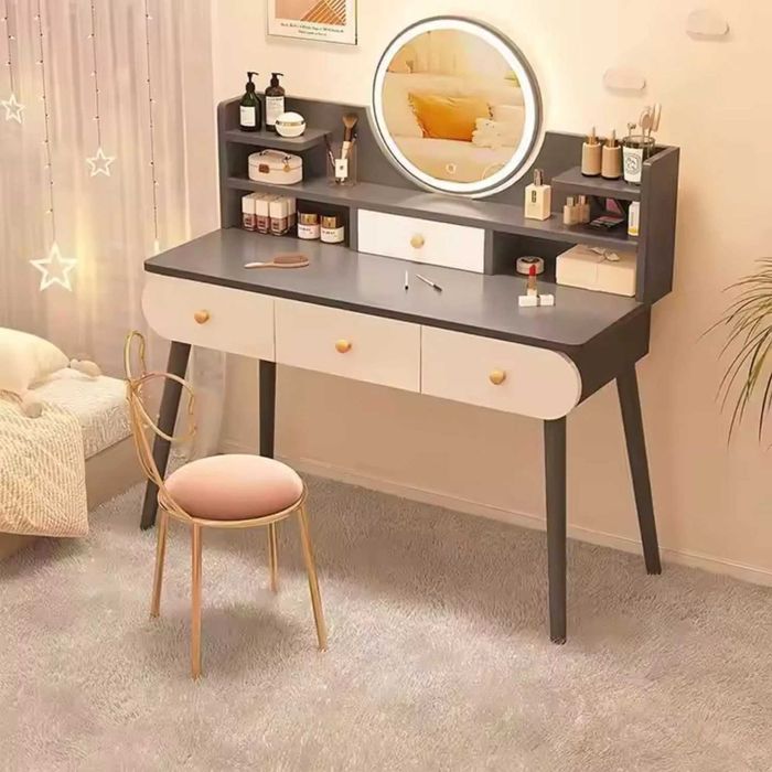 Masa toaletă cu oglindă LED tactilă, cu rafturi și sertare