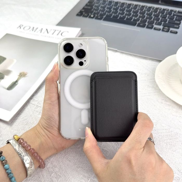 Промоционален пакет: Прозрачен Magsafe калъф + Кожен портфейл за гърба за iPhone 11/12/13/14/15/16/17 Mini, Plus, Air, Pro и Pro Max