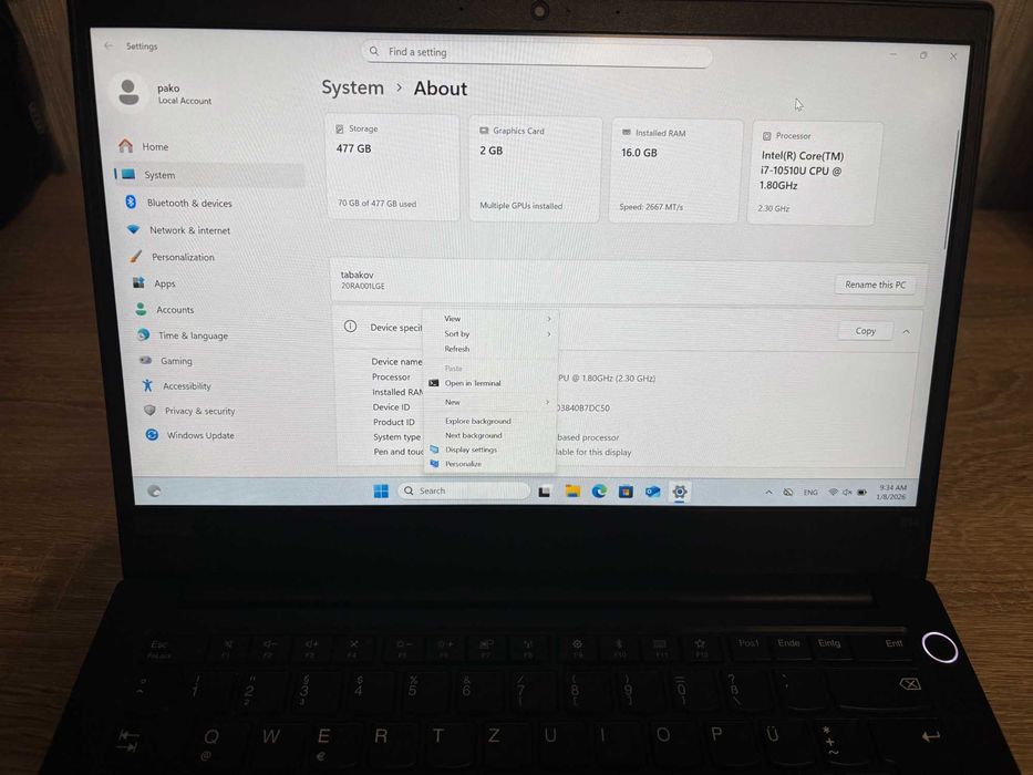 Лаптоп Lenovo ThinkPad i7-10510U/512SSD/16RAM/Win11