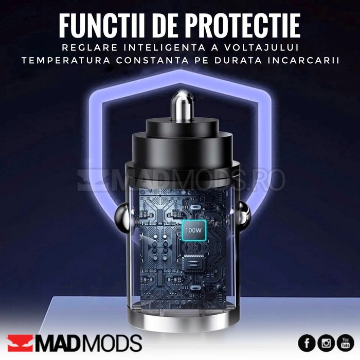 Incarcator auto mini slim Fast charge 100W, USB A si USB Tip C, Negru