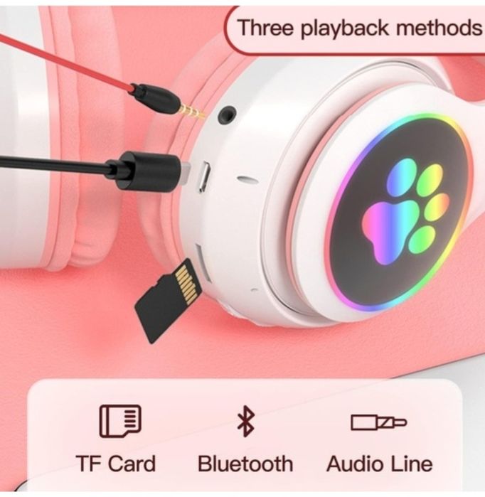 Безжични слушалки с котешки уши  Bluetooth  RGB светлини  шумопотискане микрофон бас VALA STN-28 розови