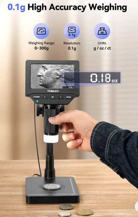 НОВ Дигитален микроскоп TOMLOV DM4W с LCD екран и ВГРАДЕНА ВЕЗНА