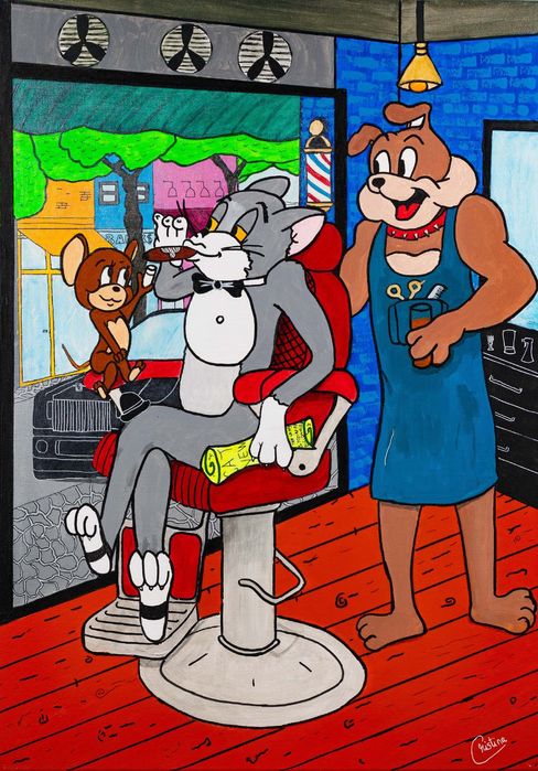 Tablou unicat Tom si Jerry cu Spike, canvas pe sasiu, 50x70 cm, piesa decorativa pentru o frizerie, barbershop sau orice alt spațiu modern